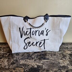 Victoria's Secret Large Canvas Tote Bag Black White Chain Shoulder Bag